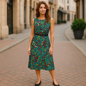 I Le New York Sleeveless Dress Womens Art Deco Floral Keyhole Neck Belted Sz 14W